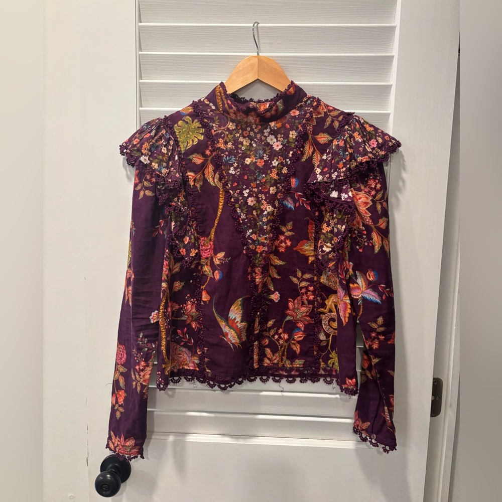 FARM RIO Cotton Boho Tropical Floral Embroidered Blouse Size Small - Picture 2 of 13